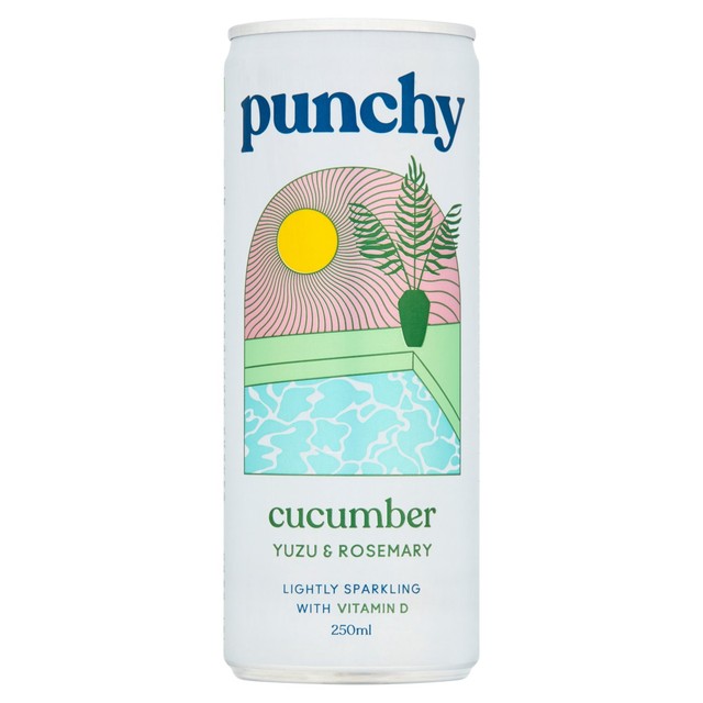 Punchy cucumber yuzu rosemary sparkling drink can (British brand)