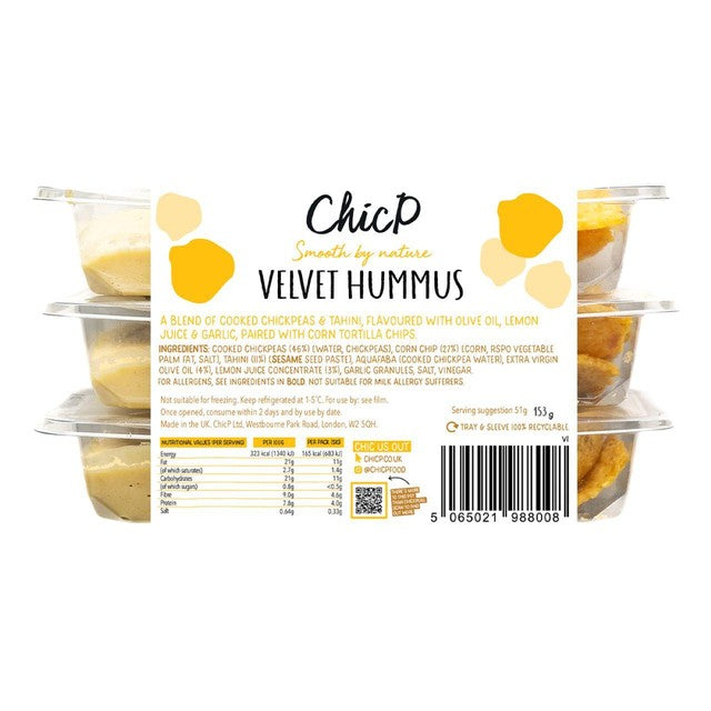 ChicP Velvet hummus snack pack with corn chips 153g - British product