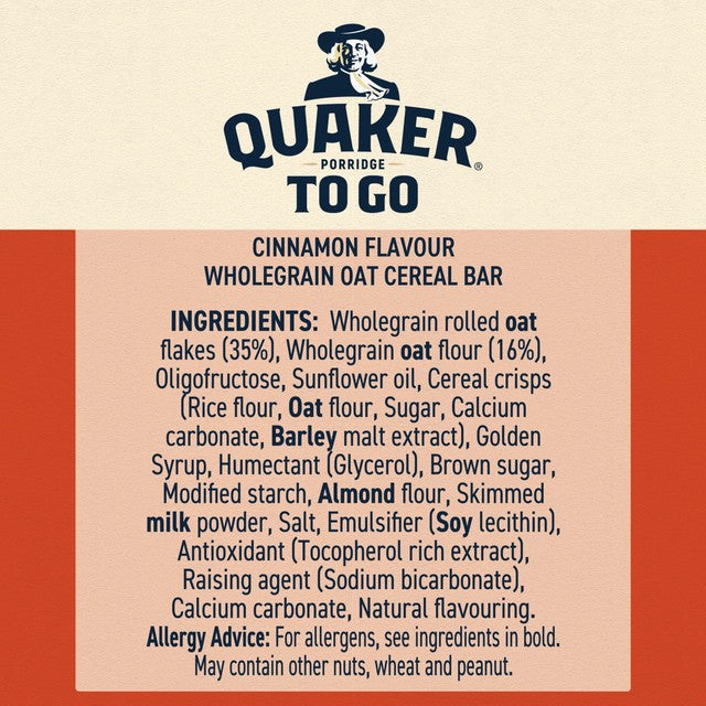 Quaker Cinnamon Cereal Breakfast Bars, imported from the UK