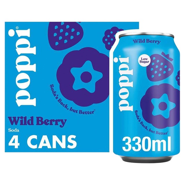 Poppi wild berry soda cans 330ml, imported from the UK