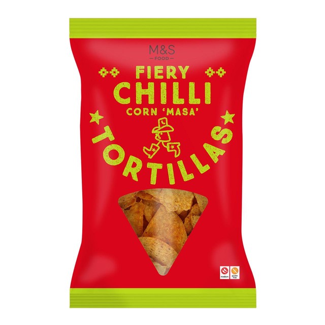 M&S fiery chilli tortilla chips 200g, imported from the UK