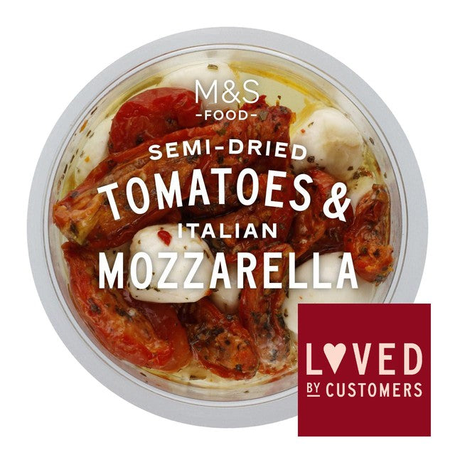 M&S slow roasted tomatoes and mozzarella antipasti 196g, imported from the UK