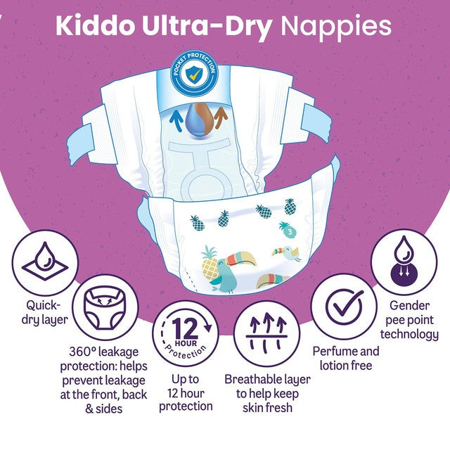 Ocado Kiddo Ultra-Dry Nappies Size 3 4-9kg, imported from the UK