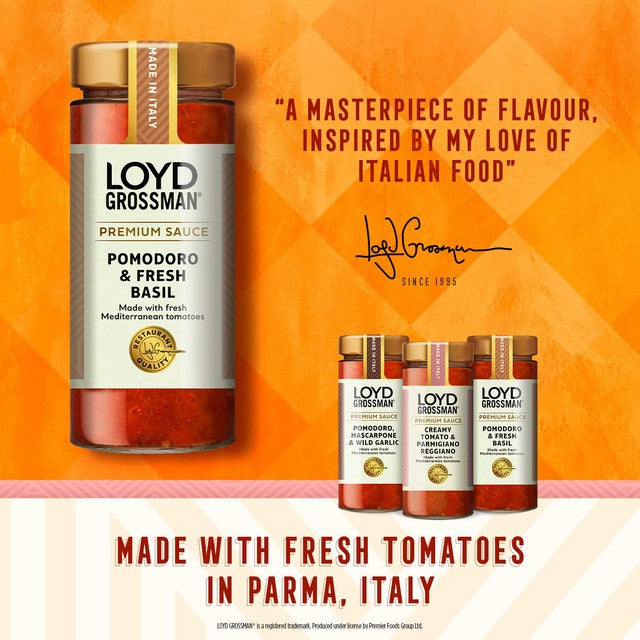 Loyd Grossman Pomodoro & Fresh Basil pasta sauce jar, imported from the UK