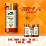 Loyd Grossman Pomodoro & Fresh Basil pasta sauce jar, imported from the UK