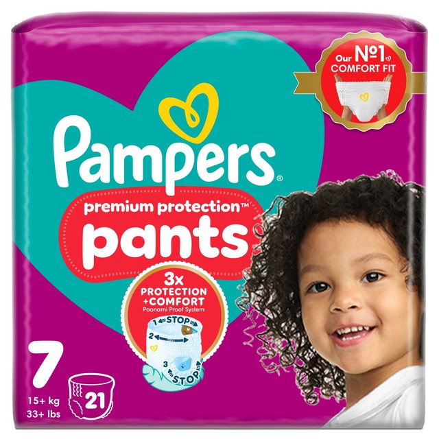 Pampers Premium Protection nappy pants size 7 essential pack, imported from the UK