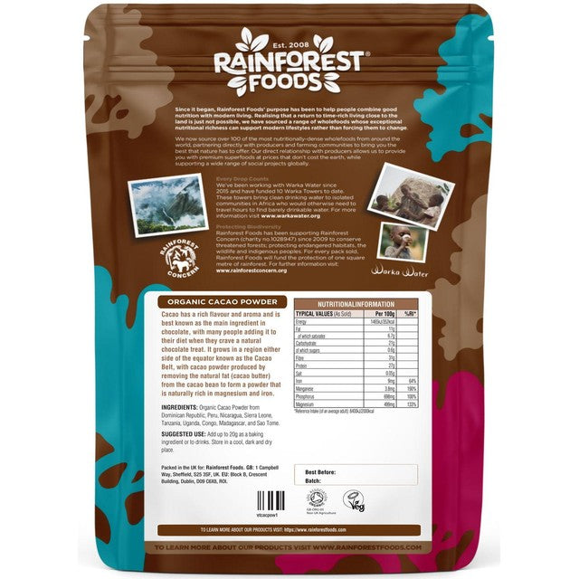 Rainforest Foods organic cacao powder 250g, imported from the UK