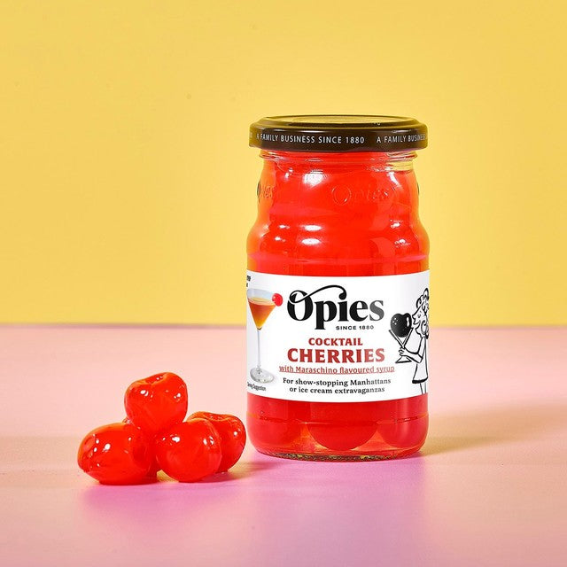 Opies cocktail cherries maraschino 225g, imported from the UK