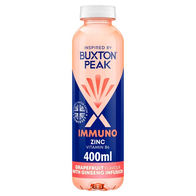 Buxton Peak Immuno grapefruit and ginseng still vitamin water, imported from the UK
