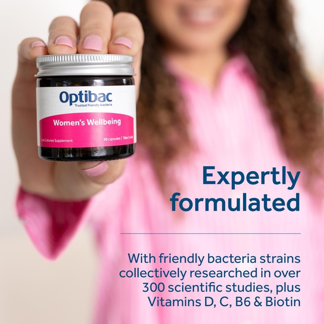 Optibac probiotics women's wellbeing supplement capsule jar, UK version