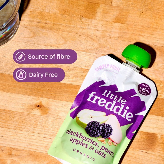 Little Freddie baby food pouch blackberries pear apple oats 6+ months, UK version