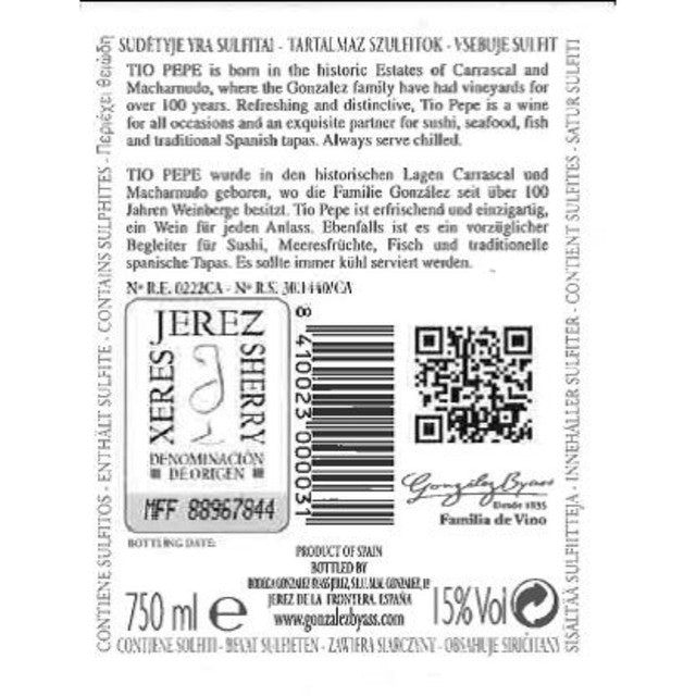 Tio Pepe Fino Sherry half bottle 375ml (British brand)