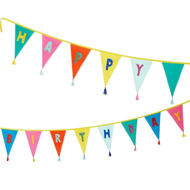 Talking Tables Fabric Happy Birthday Bunting 3m with 12 pennants (British brand)