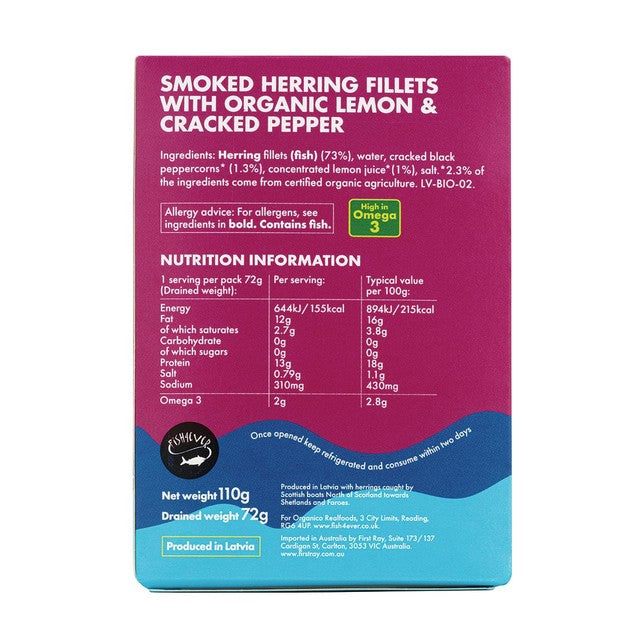 Fish4Ever smoked Scottish herring with organic lemon and cracked pepper, imported from the UK