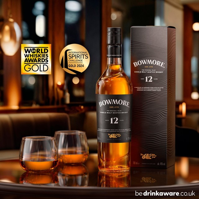 Bowmore 12 Year Old single malt Scotch whisky, imported from the UK