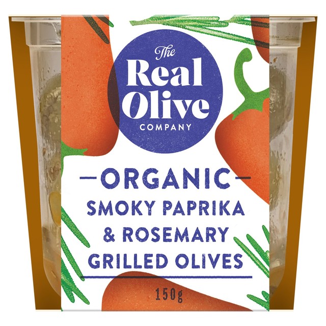 Real Olive Co. organic grilled olives with smoky paprika, rosemary (British brand)