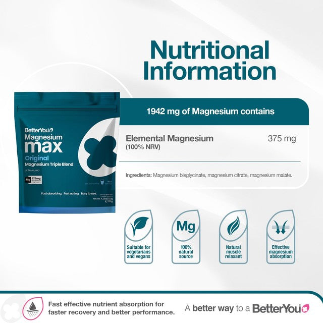 BetterYou Magnesium Max Original Powder supplement 375mg - British product
