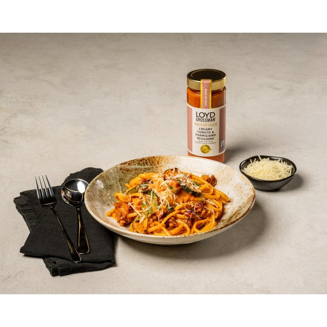 Loyd Grossman creamy tomato and Parmigiano Reggiano pasta sauce (British brand)