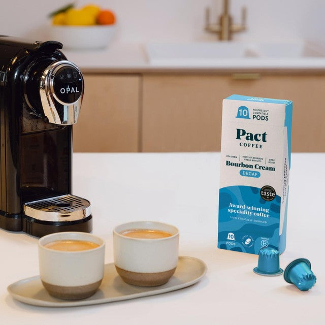 Pact Bourbon Cream Decaf coffee pods 10s, imported from the UK