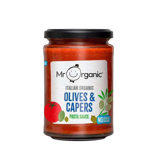 Mr Organic olives and capers pasta sauce, imported from the UK