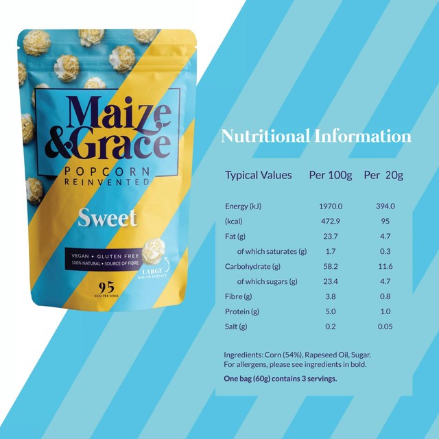 Maize & Grace sweet popcorn 60g, imported from the UK