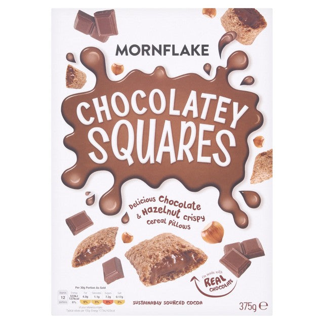 Mornflake chocolate and hazelnut crispy cereal pillows 375g, imported from the UK