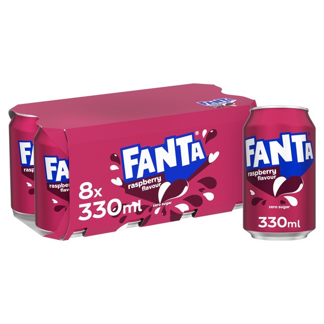 Fanta Zero Raspberry sparkling soft drink 8 x 330ml - British product