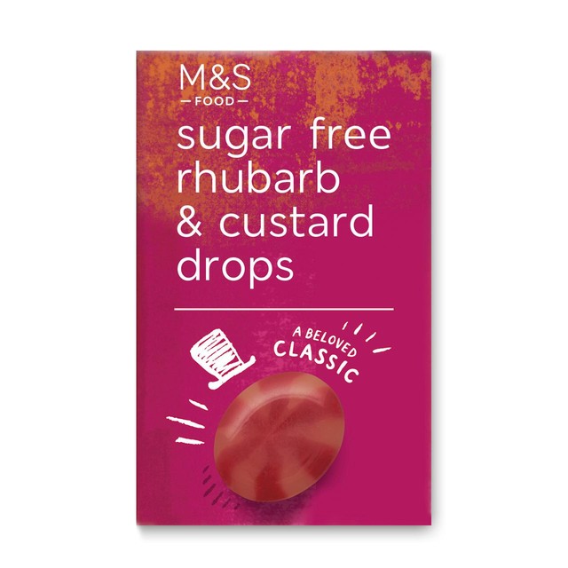 M&S sugar free rhubarb and custard drops 42g, imported from the UK