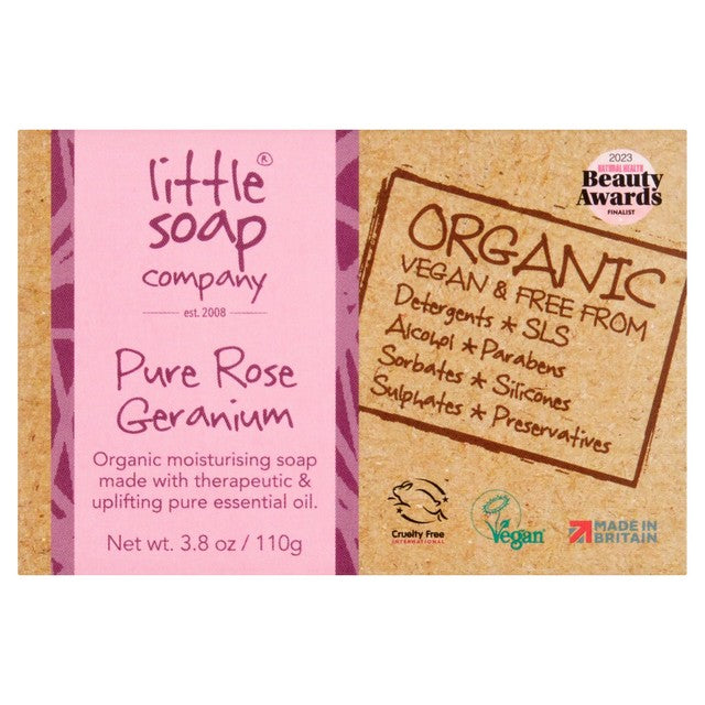 Little Soap Company organic bar soap Rose Geranium 110g, UK version