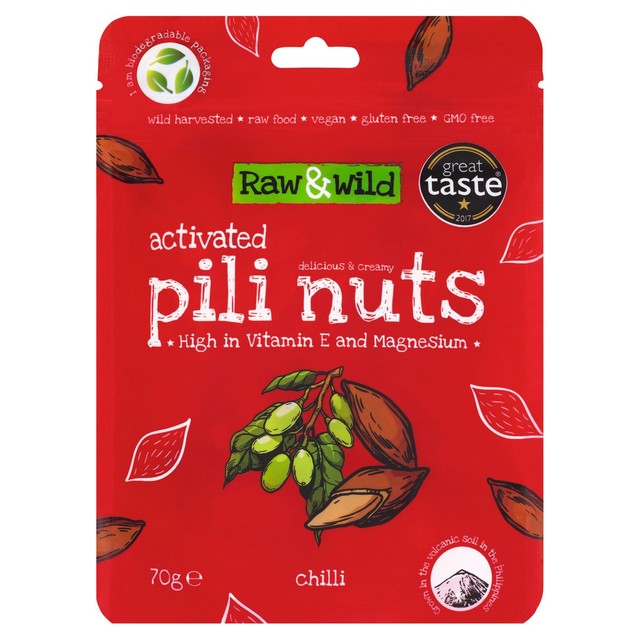 Raw & Wild Activated Pili Nuts Chili 70g, imported from the UK