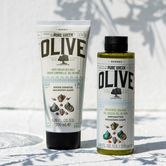 Korres Greek Olive & Sea Salt body cream, imported from the UK