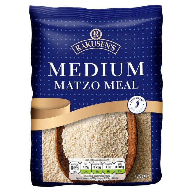 Rakusen's medium matzo meal 375g, imported from the UK