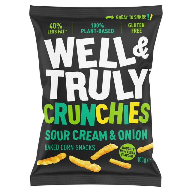 Well & Truly sour cream & onion corn snack sticks 100g (British brand)