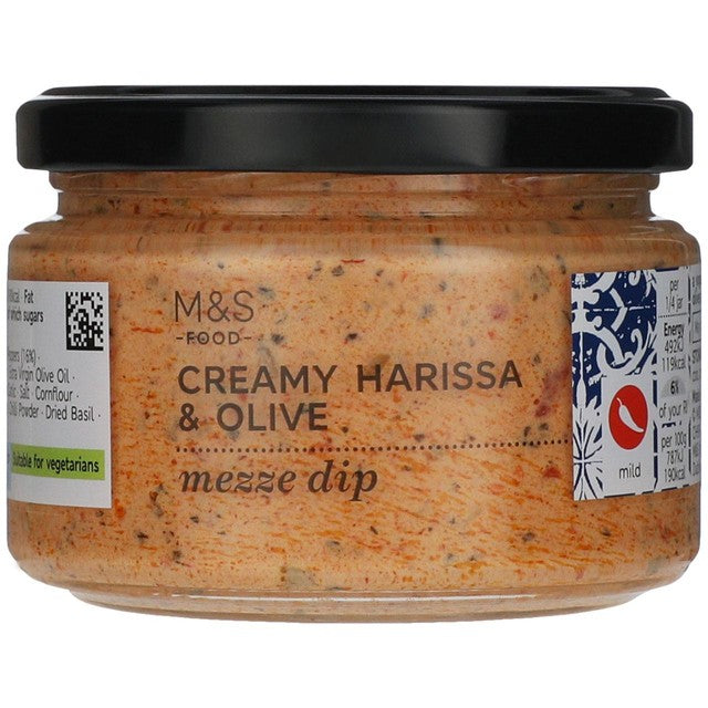 M&S Creamy Harissa & Olive Mezze Dip 250g, imported from the UK