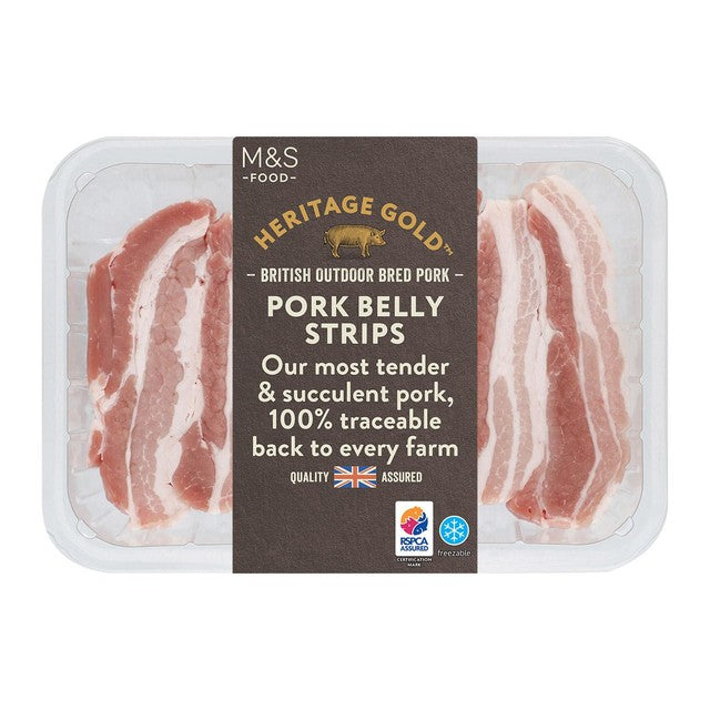M&S Heritage Gold pork belly strips 480g, imported from the UK