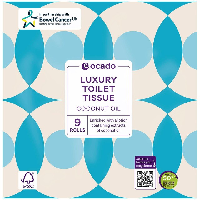 Ocado coconut oil toilet tissue 9 rolls, imported from the UK