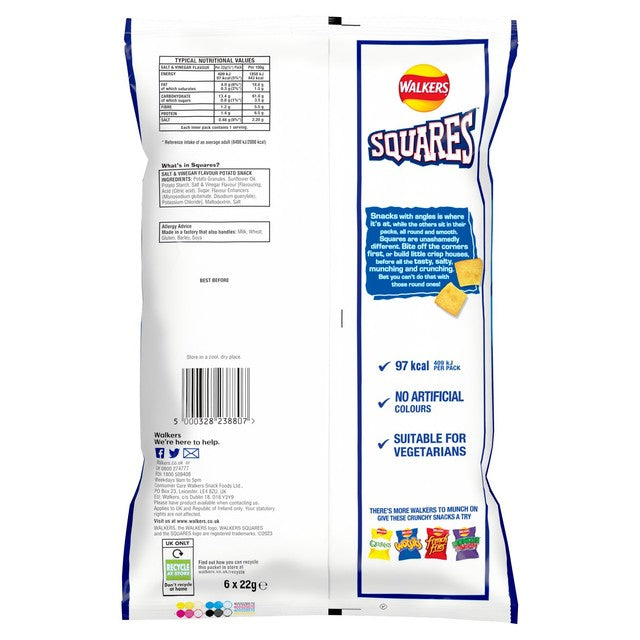 Walkers Squares Salt & Vinegar potato snacks multipack 6x22g (British brand)