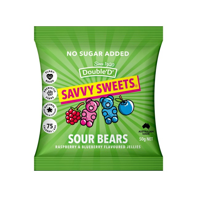 Savvy Sweets Sour Bears reduced sugar sweets 50g (British brand)