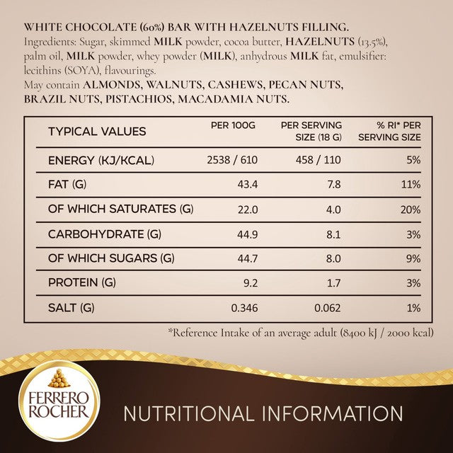 Ferrero Rocher white chocolate hazelnut bar 90g - British product