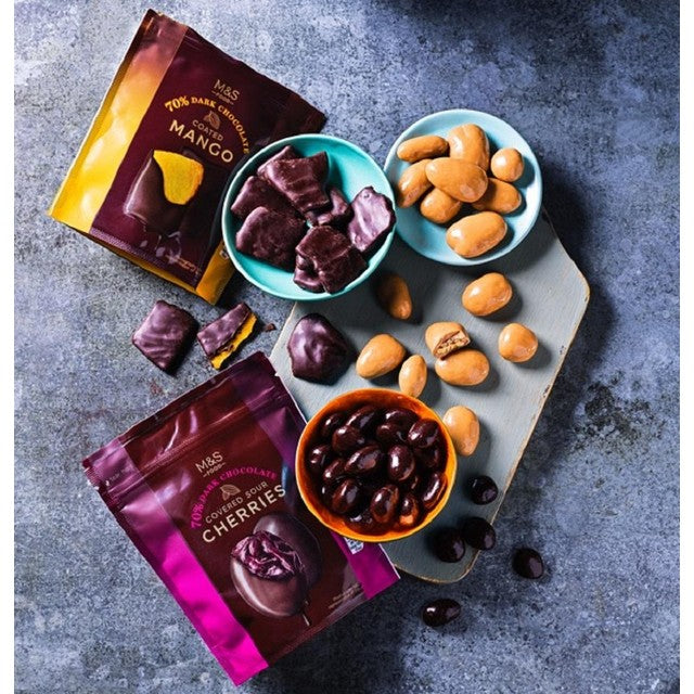 M&S dark chocolate sour cherries 130g, imported from the UK
