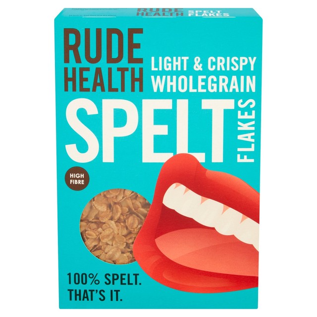 Rude Health wholegrain spelt flakes breakfast cereal, imported from the UK