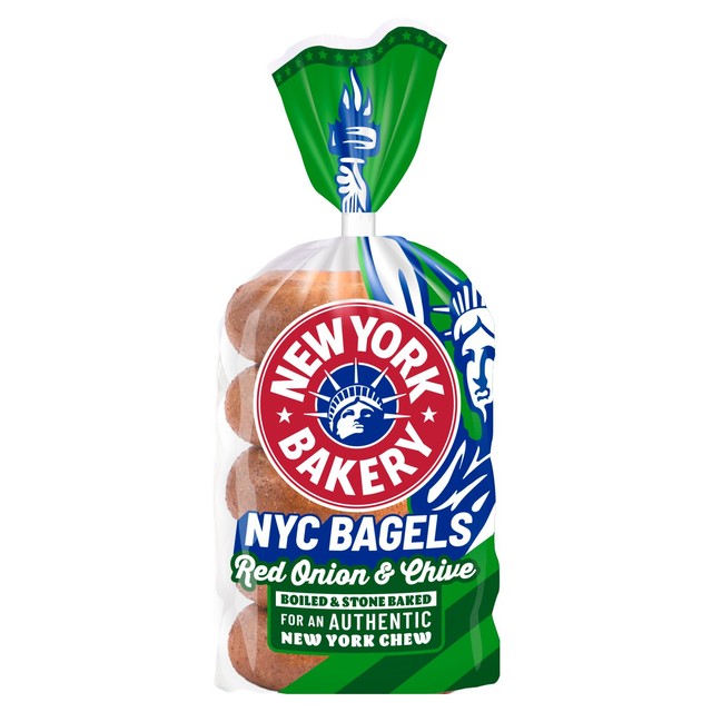 New York Bakery red onion & chive bagels 5 pack, imported from the UK