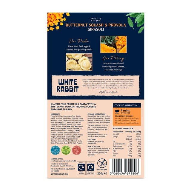 White Rabbit Gluten Free Butternut Squash & Sage Girasoli Pasta 250g (British brand)