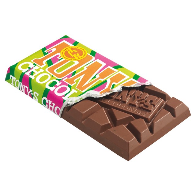 Tony's Chocolonely milk chocolate bar with pecan and caramel 180g (British brand)