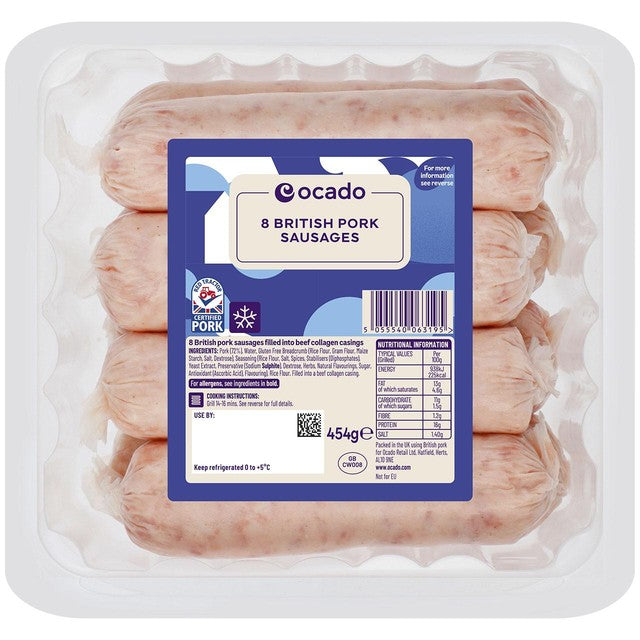 Ocado gluten-free British pork sausages 454g, imported from the UK