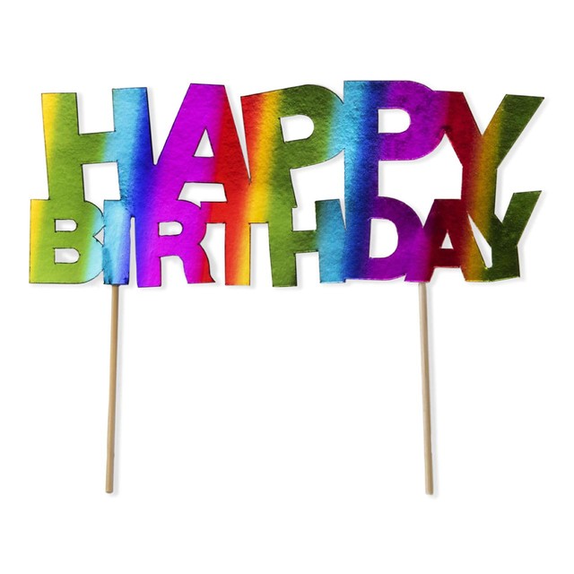 Anniversary House rainbow foil cake topper, imported from the UK