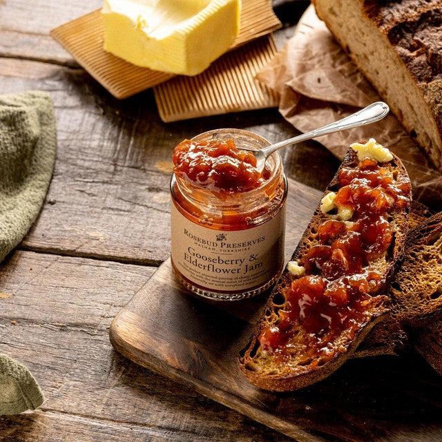 Rosebud Preserves Gooseberry & Elderflower Jam 227g, imported from the UK