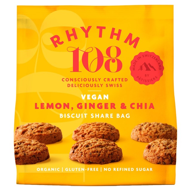 Rhythm 108 vegan lemon ginger chia biscuits 135g, imported from the UK