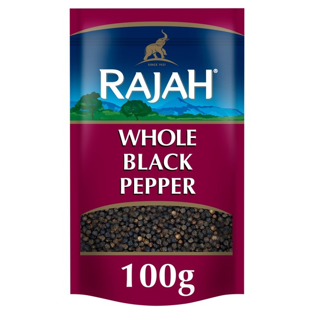 Rajah whole black pepper soft pouch 100g, imported from the UK