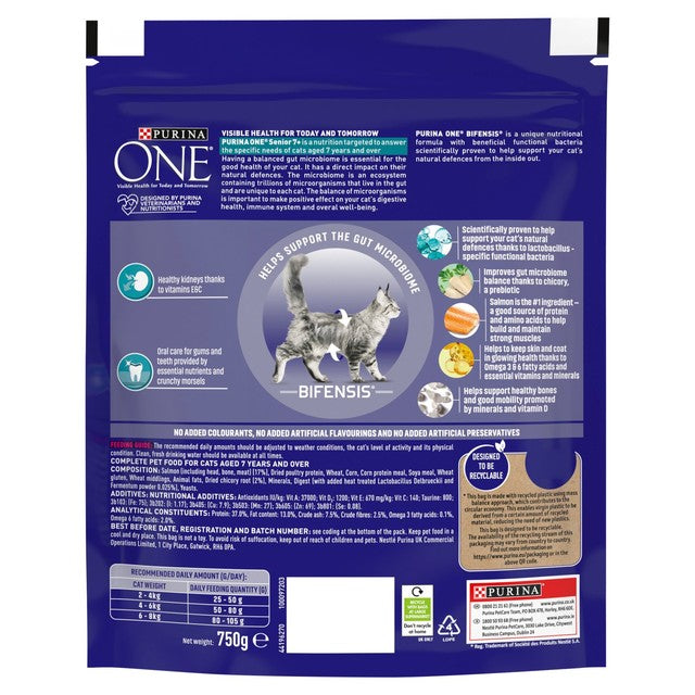 Purina One senior salmon dry cat food for cats aged 7+ years, imported from the UK